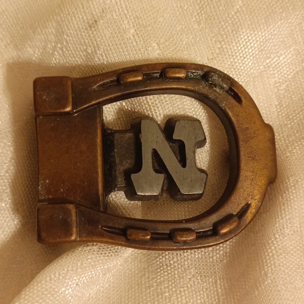 Vintage brass N horseshoe small mens belt buckle